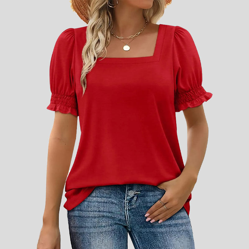 ⏳Limited sale path🌸T-shirt met vierkante hals en gesmokte mouwen voor dames