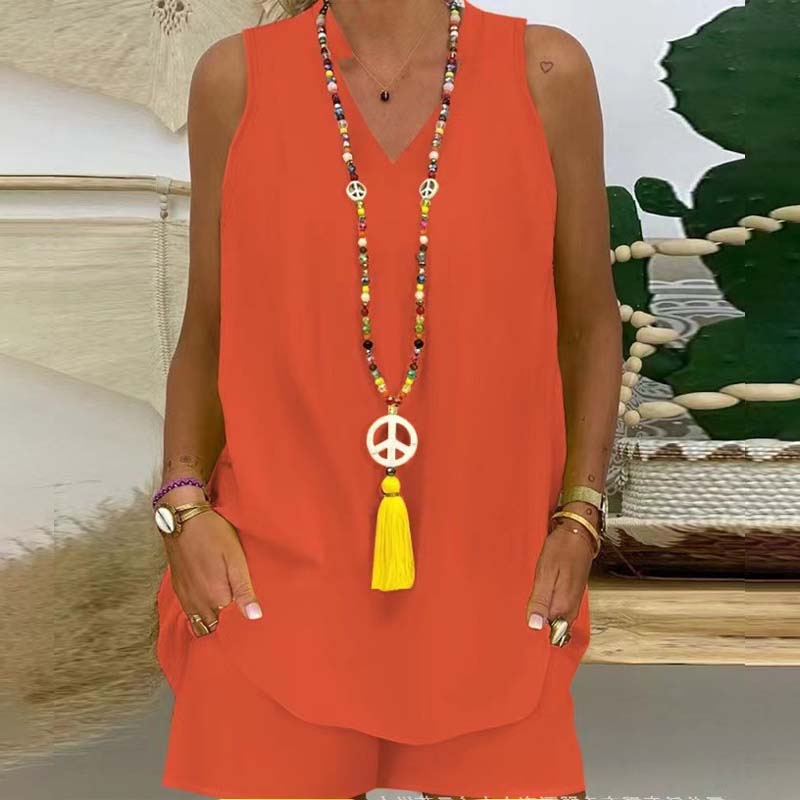 🍀Effen kleur opstaande kraag mouwloze shorts casual tweedelig pak