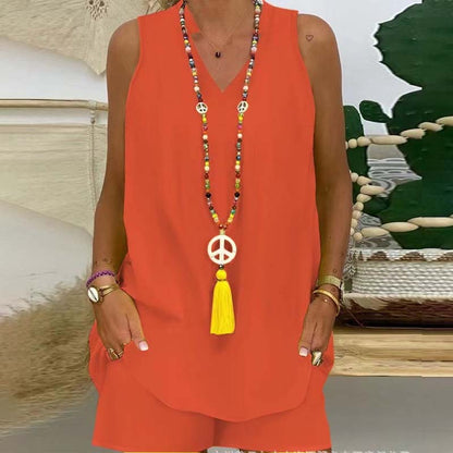 🍀Effen kleur opstaande kraag mouwloze shorts casual tweedelig pak