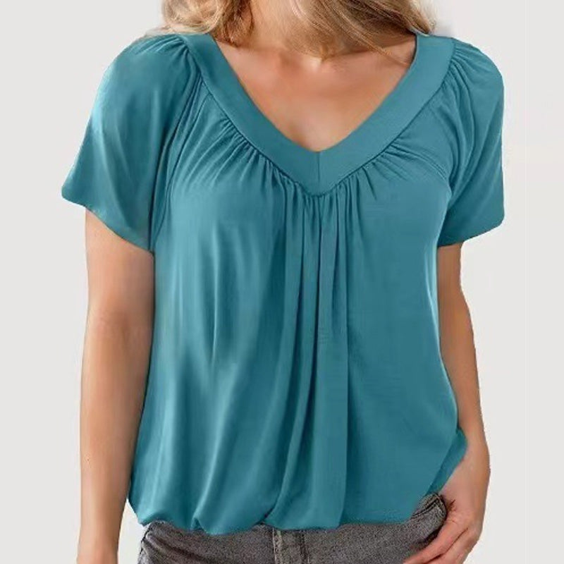 🌸Dames casual geplooide V-hals korte mouw aa