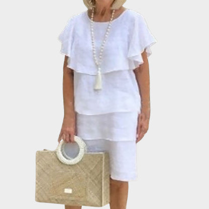 🌸Ronde hals. klokkende mouw. gelaagde midi-jurk