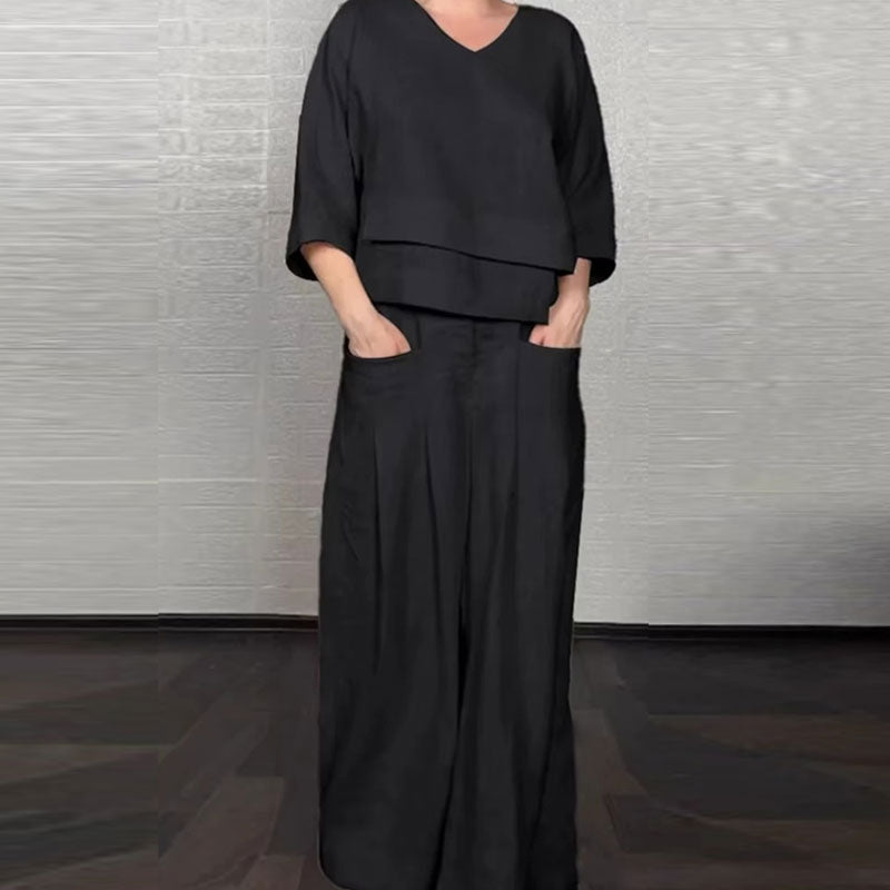 💞Gratis verzending⏳Effen kleur ronde hals lange mouwen casual top middelhoge taille zak rechte broek tweedelig set