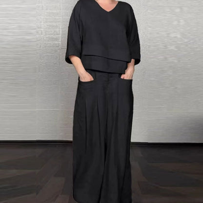 💞Gratis verzending⏳Effen kleur ronde hals lange mouwen casual top middelhoge taille zak rechte broek tweedelig set