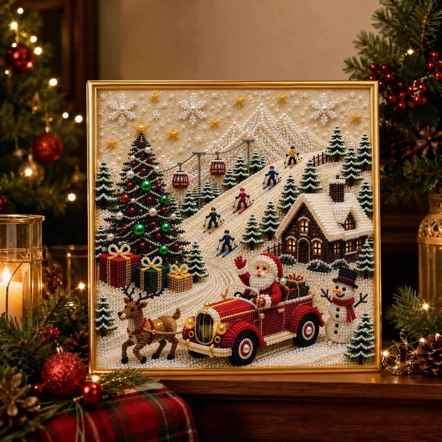 🎄🎅 Premium 3D-kerstwanddecoratieset met parels | Luxe canvas met flocklaag en krasbestendige, kleurvaste parelkorrels – doe-het-zelf kerstdecoratie ⛄️❄️
