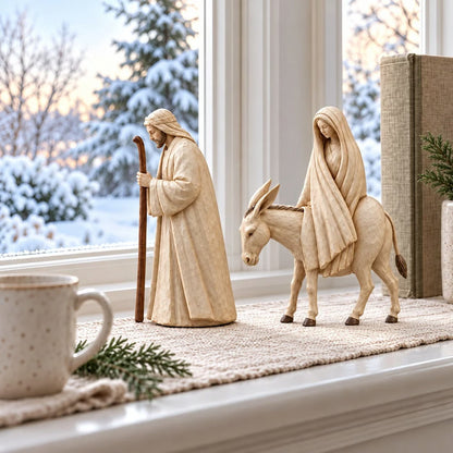 Kerstdecoratie met de titel "Heilige Reis" en "Kerststalbeeldjes" - Jozef en Maria op een ezel.