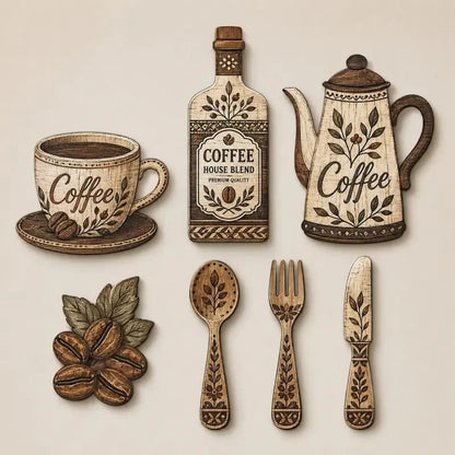 ☕ 7-delige houten wanddecoratieset met koffiethema voor in de keuken – Vintage wanddecoratie in boerderijstijl met koffiethem