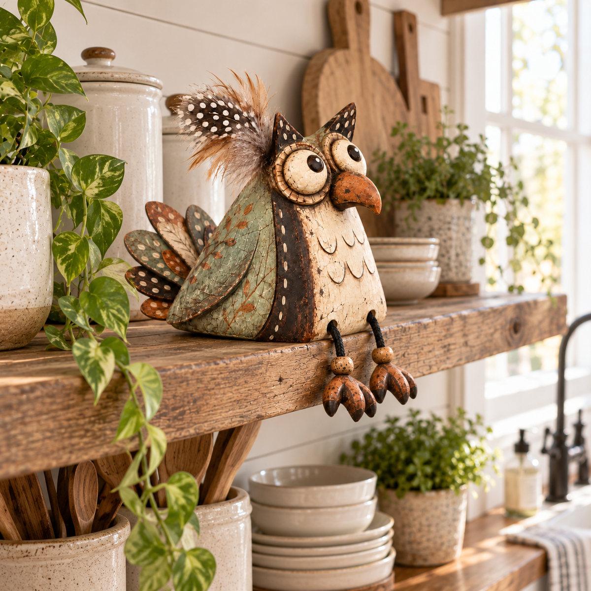 🦉 Rustieke Uil Plankzitter Decoratie met Bungelende Poten — Landelijke Sfeer