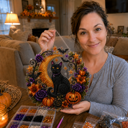 ✨🎃Halloween-hangsieraad-set met zwarte kat en maan in diamantkunststijl👻