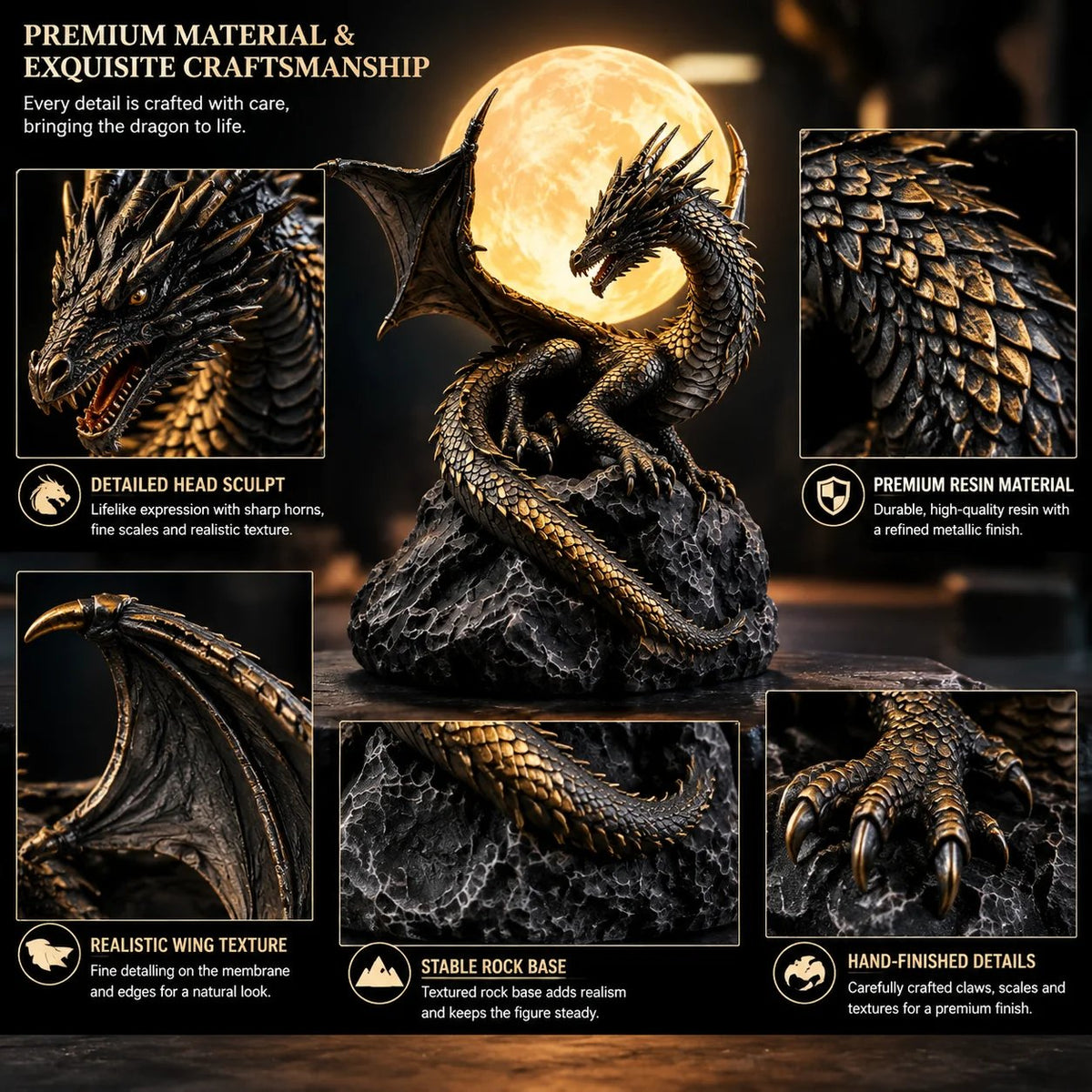 🐉 Gotische draak-maanbol-beeldlamp