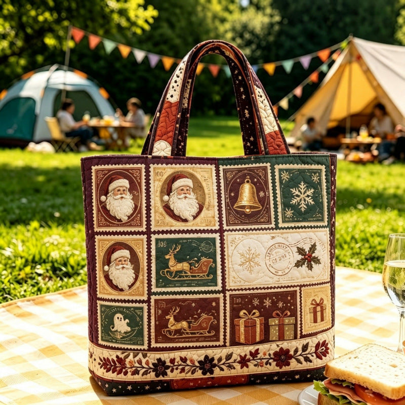 Vintage kerst-draagtas met kerstmanprint | Feestelijke herbruikbare boodschappentas