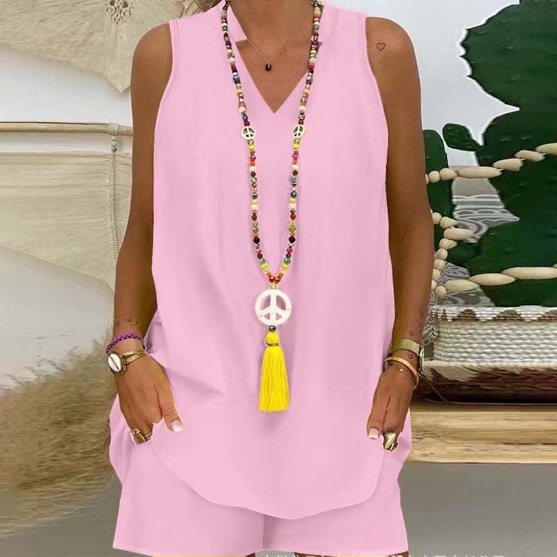 🍀Effen kleur opstaande kraag mouwloze shorts casual tweedelig pak