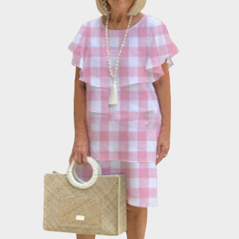 🌸Ronde hals. klokkende mouw. gelaagde midi-jurk