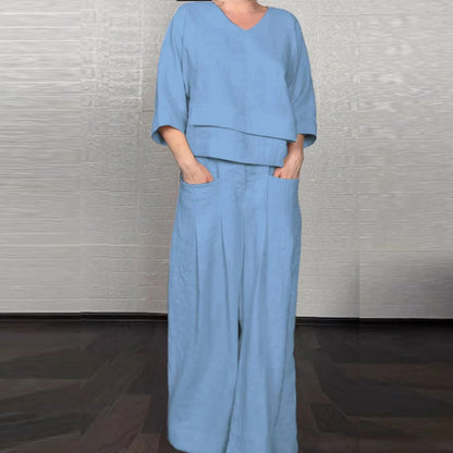 💞Gratis verzending⏳Effen kleur ronde hals lange mouwen casual top middelhoge taille zak rechte broek tweedelig set