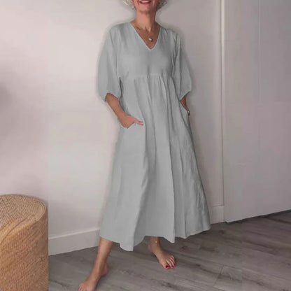 🌿 Diepe V-Hals Katoen-Linnen Zomerjurk met Zakken