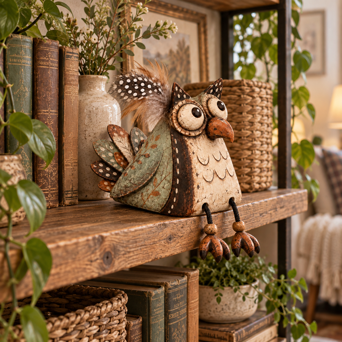 🦉 Rustieke Uil Plankzitter Decoratie met Bungelende Poten — Landelijke Sfeer