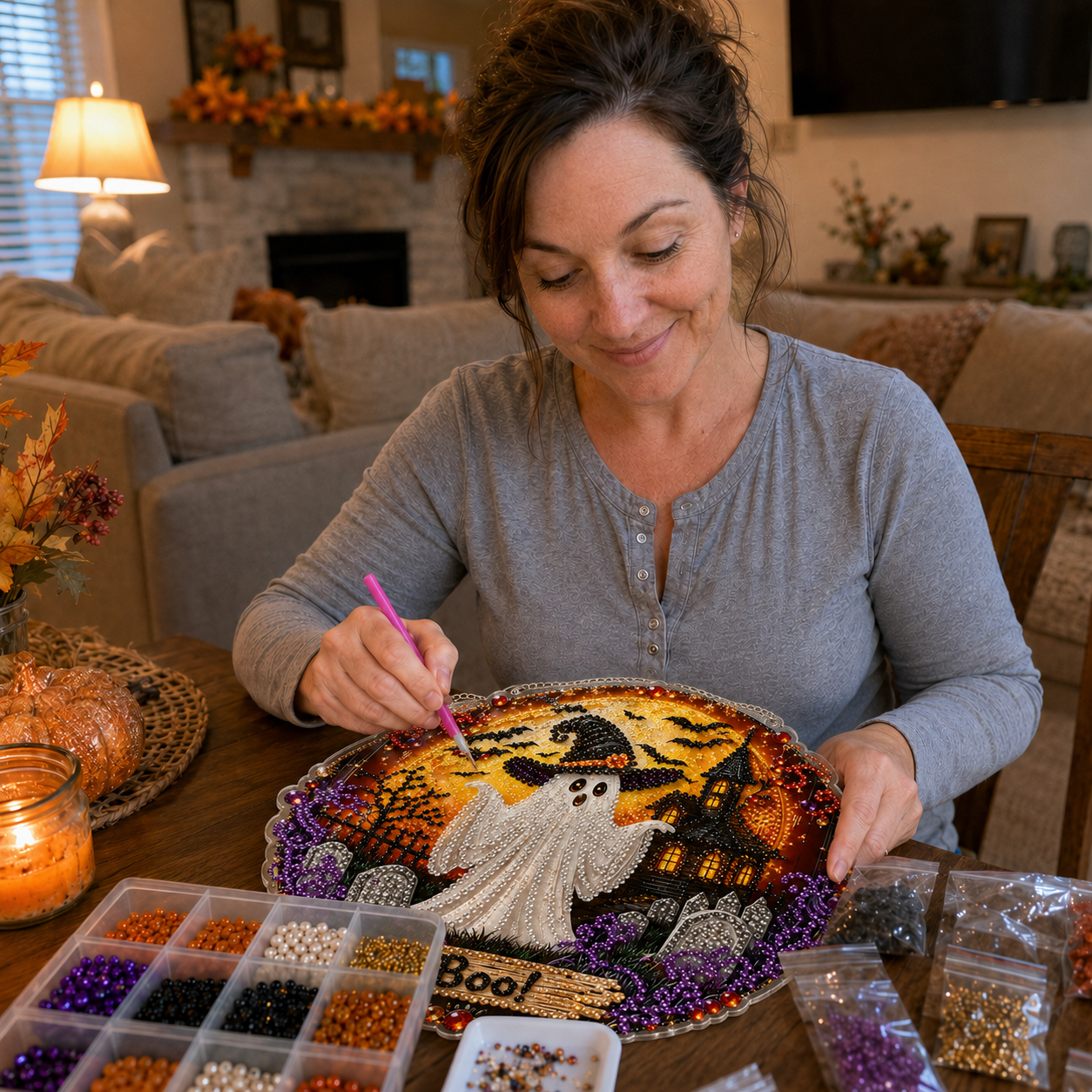 ✨🎃Halloween-hangsieraad-set met zwarte kat en maan in diamantkunststijl👻