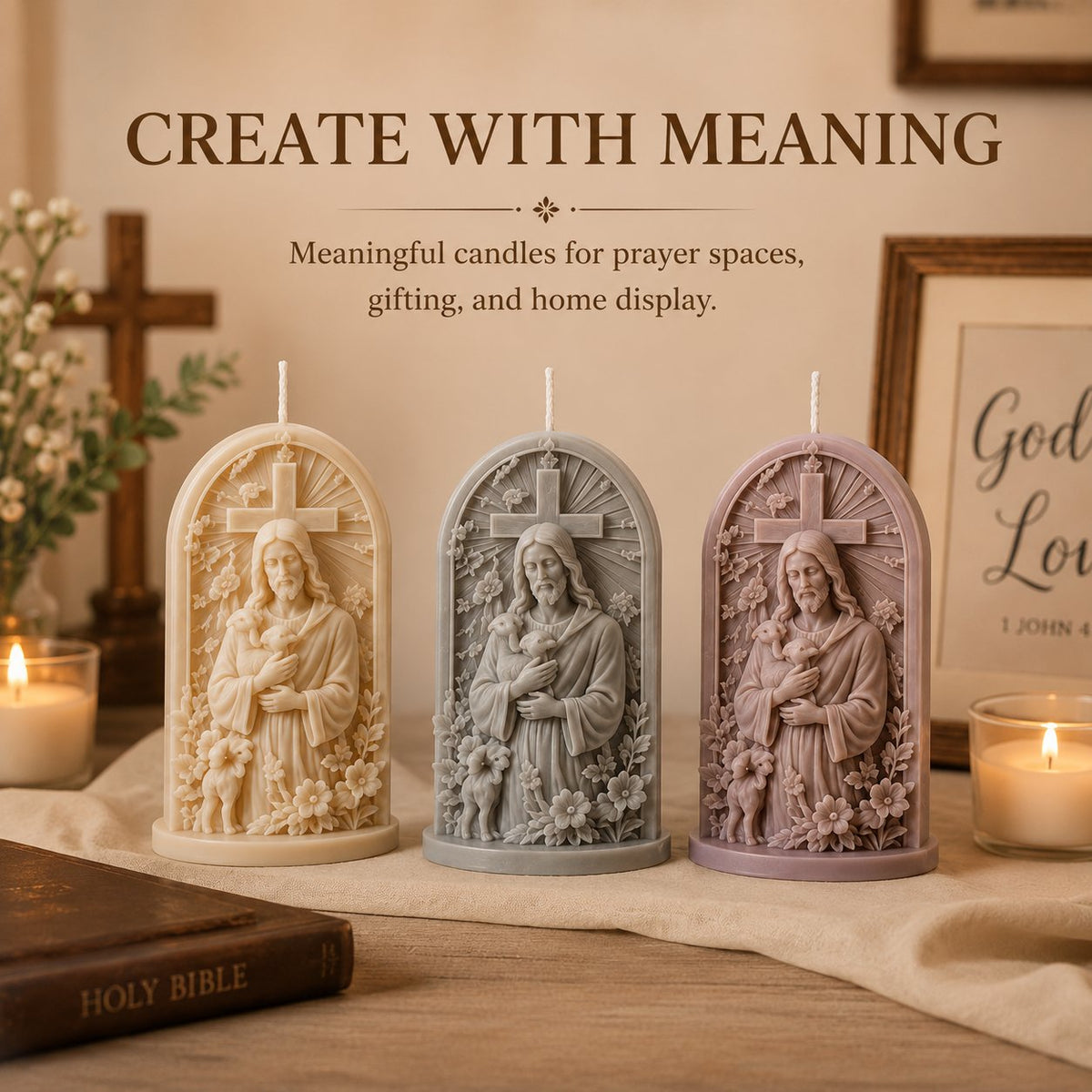 ⏳ 49 % korting – ✝️ 3D-kaarsvormenset „Jezus, de Goede Herder“ | Reliëf met kruis, lam en bloemen voor handgemaakte kaarsen met een religieus thema 🕯️✨
