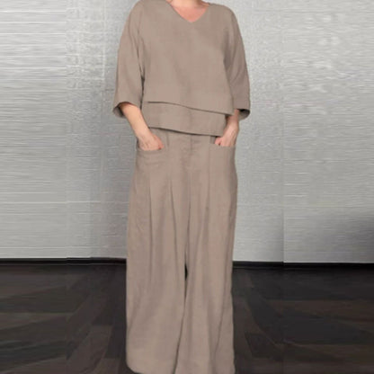 💞Gratis verzending⏳Effen kleur ronde hals lange mouwen casual top middelhoge taille zak rechte broek tweedelig set