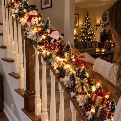 🎅 Kerstman-slee: decoratie voor de trapleuning in sneeuwthema | Vooraf verlichte kerstslinger voor de trapleuning