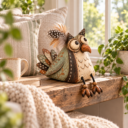 🦉 Rustieke Uil Plankzitter Decoratie met Bungelende Poten — Landelijke Sfeer