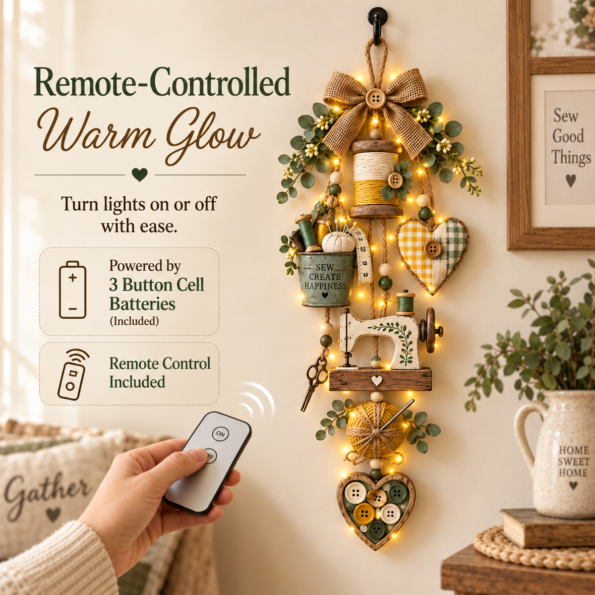 🧵✨ Rustiek houten naaiwerk – Thematisch hangend ornament met kerstverlichting met afstandsbediening