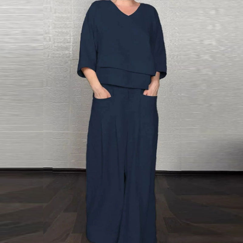 💞Gratis verzending⏳Effen kleur ronde hals lange mouwen casual top middelhoge taille zak rechte broek tweedelig set