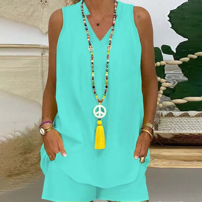 🍀Effen kleur opstaande kraag mouwloze shorts casual tweedelig pak