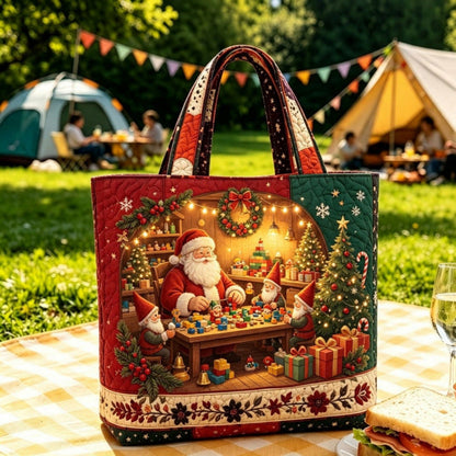 Vintage kerst-draagtas met kerstmanprint | Feestelijke herbruikbare boodschappentas