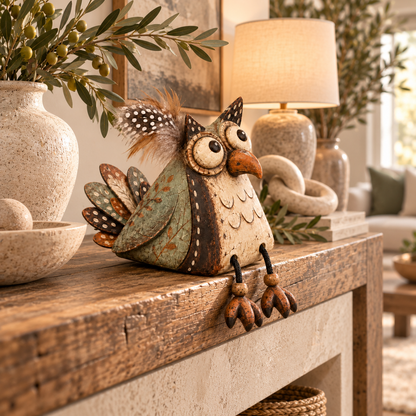 🦉 Rustieke Uil Plankzitter Decoratie met Bungelende Poten — Landelijke Sfeer