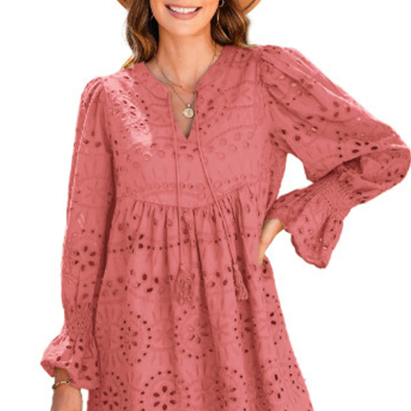 💞Tijdelijke aanbieding 49% KORTING🎁Kanten jurk met V-hals en lange mouwen en kwastjes