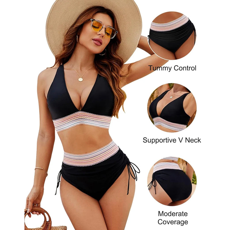 ☀️Vakantieverkoop 49% VAN🏖️Bikini met hoge taille en buikband Color Block Bikiniset Color Block Bikiniset
