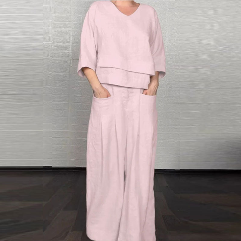 💞Gratis verzending⏳Effen kleur ronde hals lange mouwen casual top middelhoge taille zak rechte broek tweedelig set