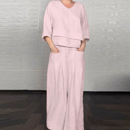 💞Gratis verzending⏳Effen kleur ronde hals lange mouwen casual top middelhoge taille zak rechte broek tweedelig set