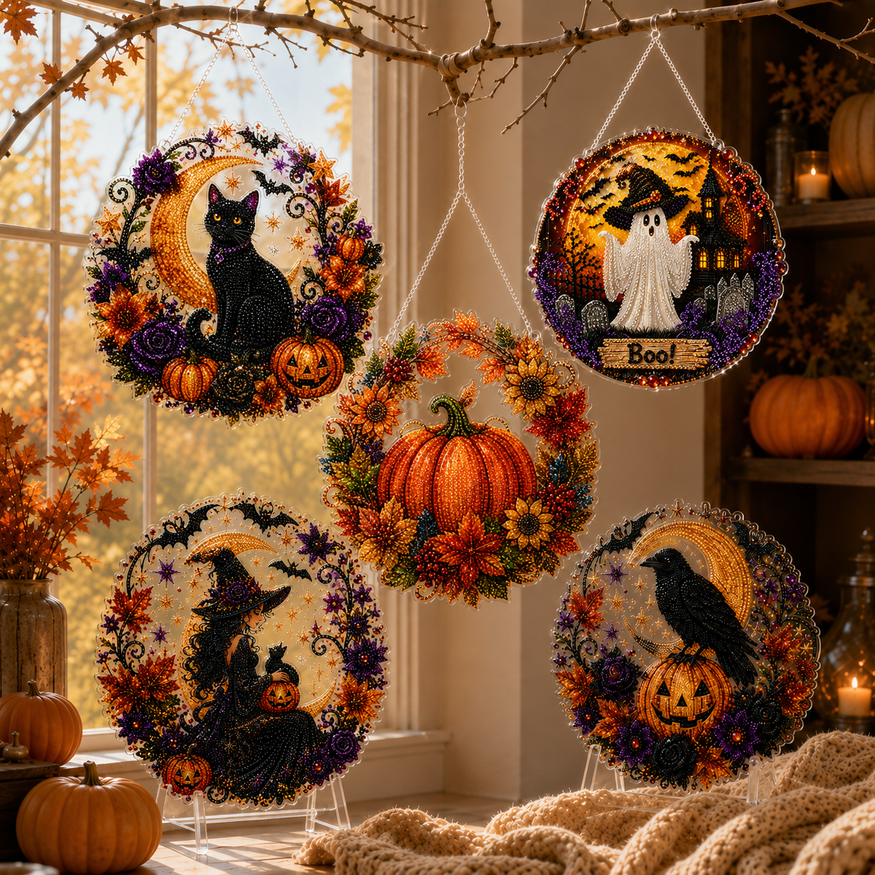 ✨🎃Halloween-hangsieraad-set met zwarte kat en maan in diamantkunststijl👻
