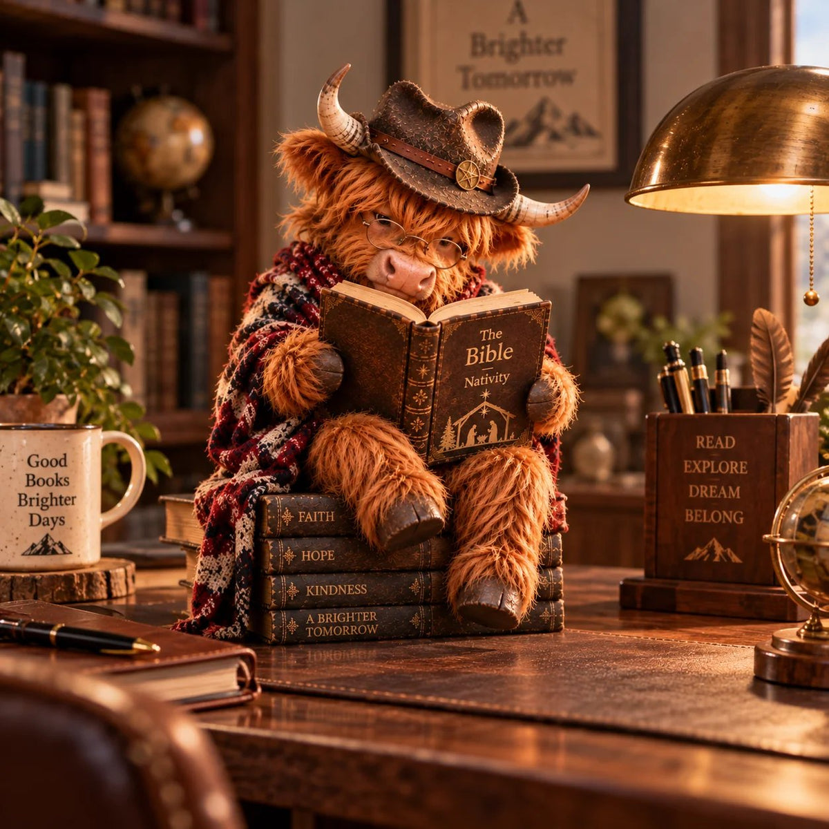 ⏳ Laatste dag: 49% KORTING – 🐮 Kerstfiguurtje van een Highland-koe – Een op het geloof geïnspireerd cadeau voor boekenliefhebbers