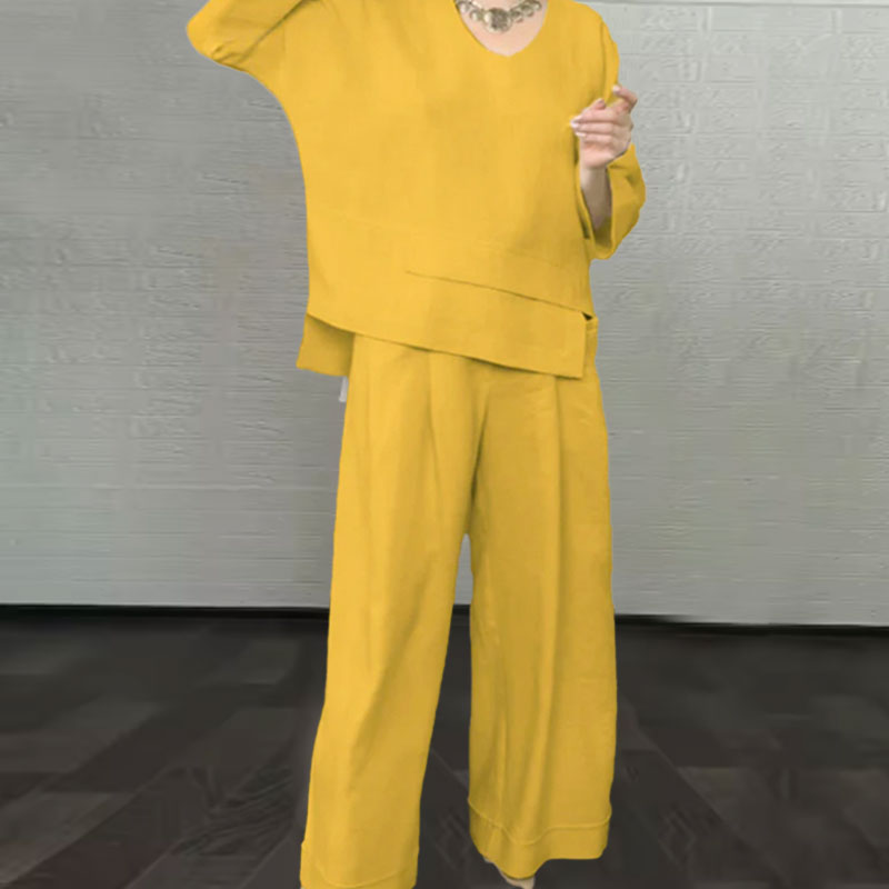 💞Gratis verzending⏳Effen kleur ronde hals lange mouwen casual top middelhoge taille zak rechte broek tweedelig set