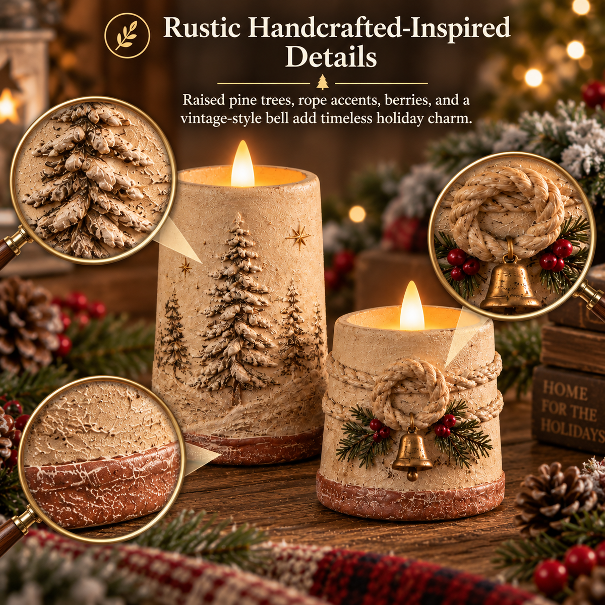 Rustieke kerstversiering met vlamloze LED-kaarsen