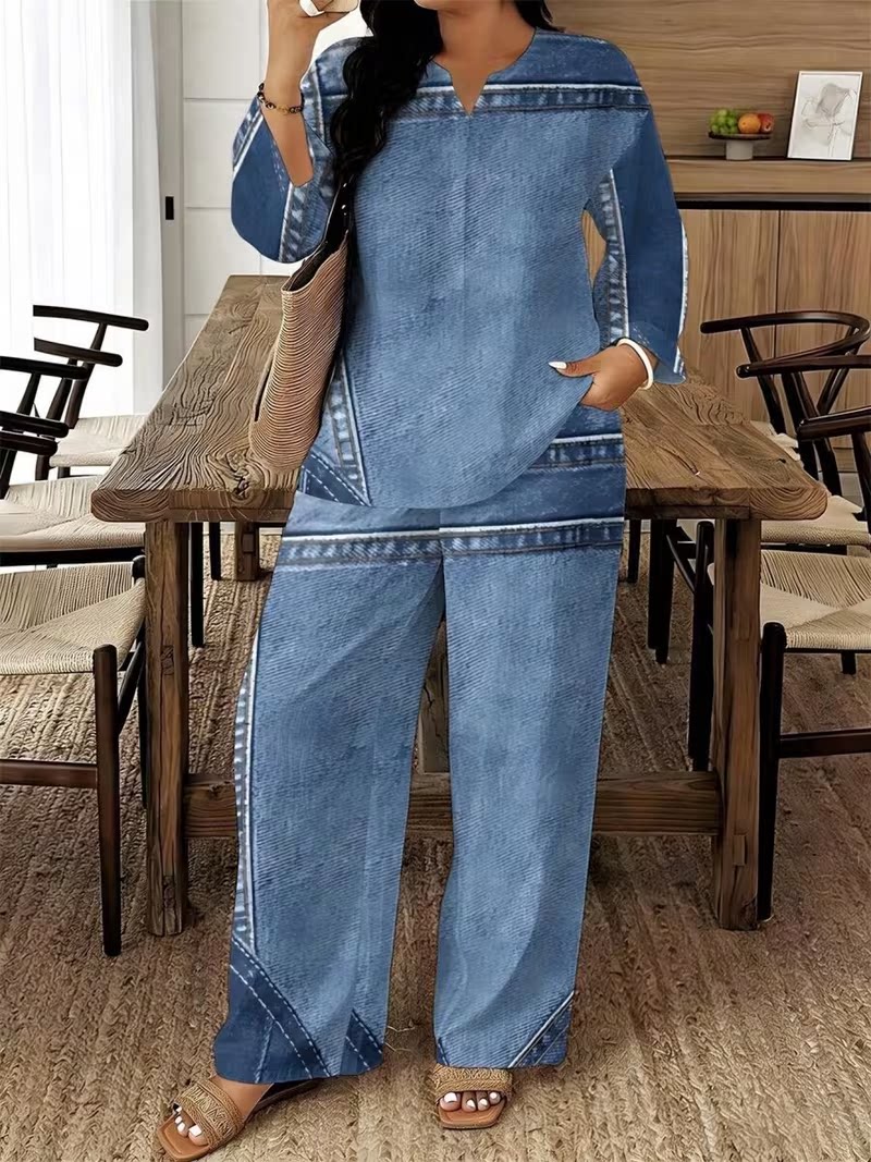 2-delige set voor vrouwen met een grote maat, met een patchworkpatroon van imitatiedeni