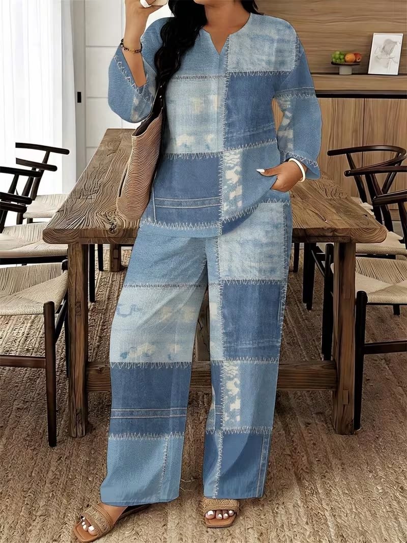 2-delige set voor vrouwen met een grote maat, met een patchworkpatroon van imitatiedeni