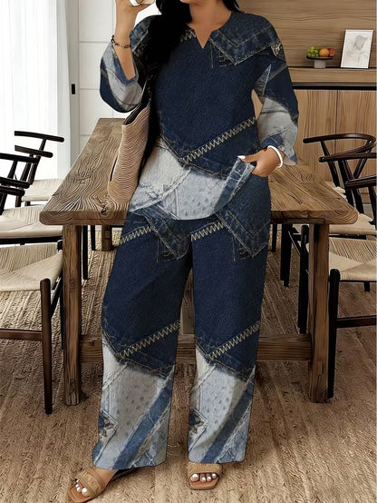 2-delige set voor vrouwen met een grote maat, met een patchworkpatroon van imitatiedeni