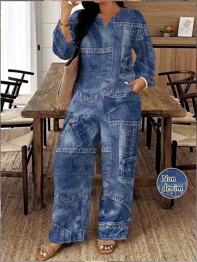 2-delige set voor vrouwen met een grote maat, met een patchworkpatroon van imitatiedeni