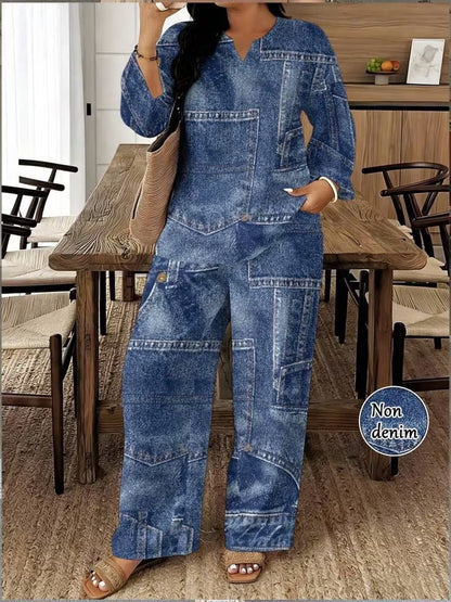 2-delige set voor vrouwen met een grote maat, met een patchworkpatroon van imitatiedeni