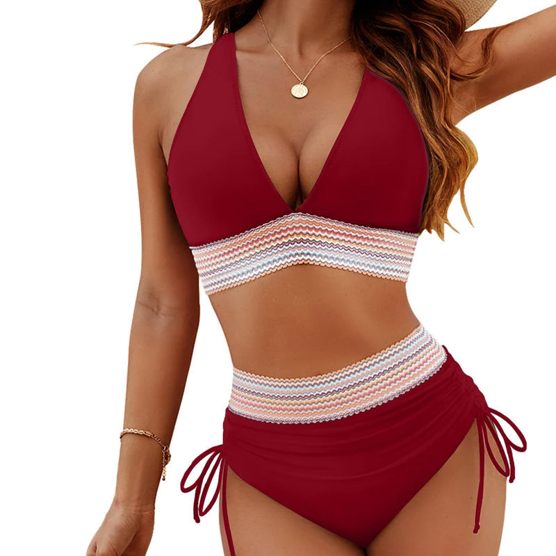 ☀️Vakantieverkoop 49% VAN🏖️Bikini met hoge taille en buikband Color Block Bikiniset Color Block Bikiniset