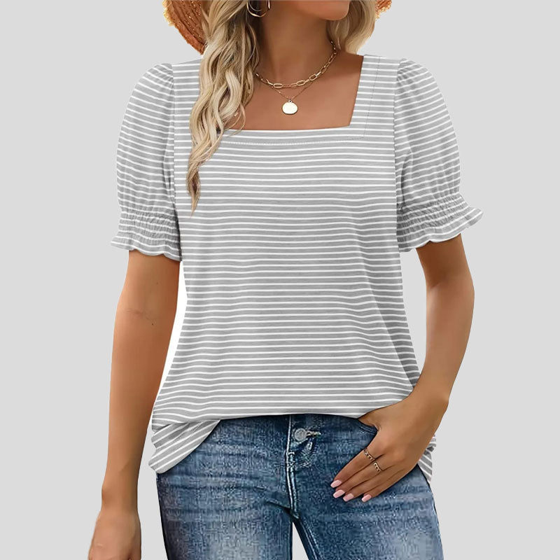 ⏳Limited sale path🌸T-shirt met vierkante hals en gesmokte mouwen voor dames