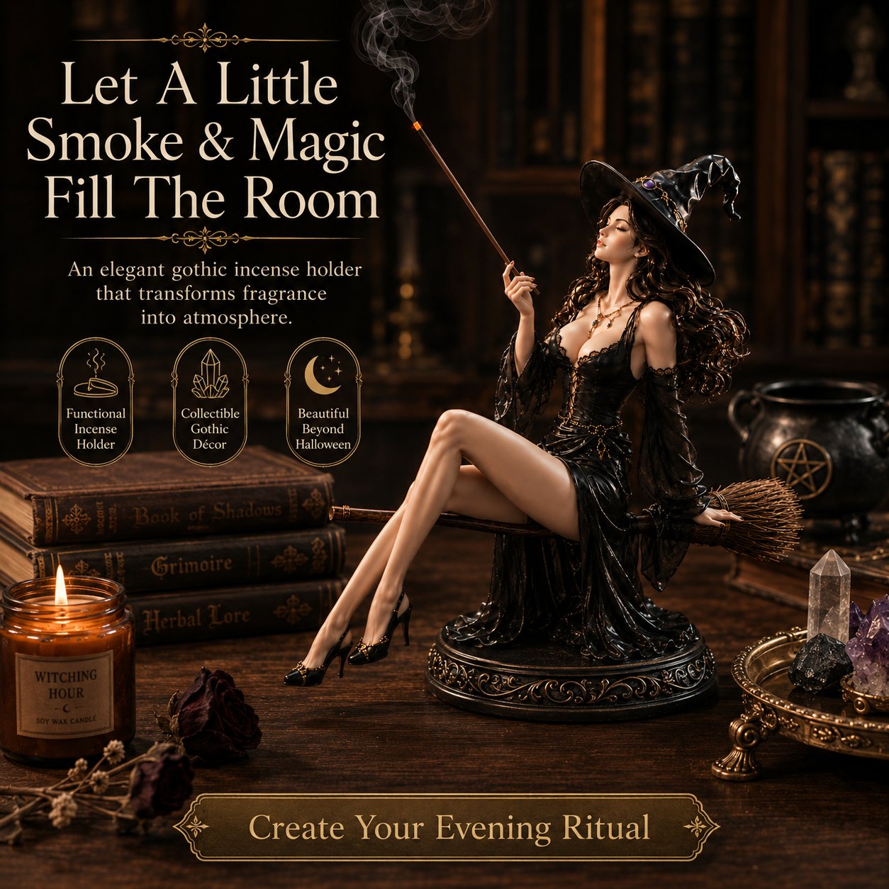 🔥 LAST DAY 49% OFF – 🪄 Gothic Witch Broom Incense Holder | Elegant Broom-Riding Witch Statue with Smoke-Spell Effect for Shelves, Altars & Moody Decor 🖤✨