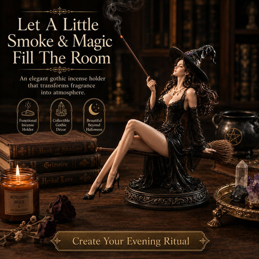 🔥 LAST DAY 49% OFF – 🪄 Gothic Witch Broom Incense Holder | Elegant Broom-Riding Witch Statue with Smoke-Spell Effect for Shelves, Altars & Moody Decor 🖤✨