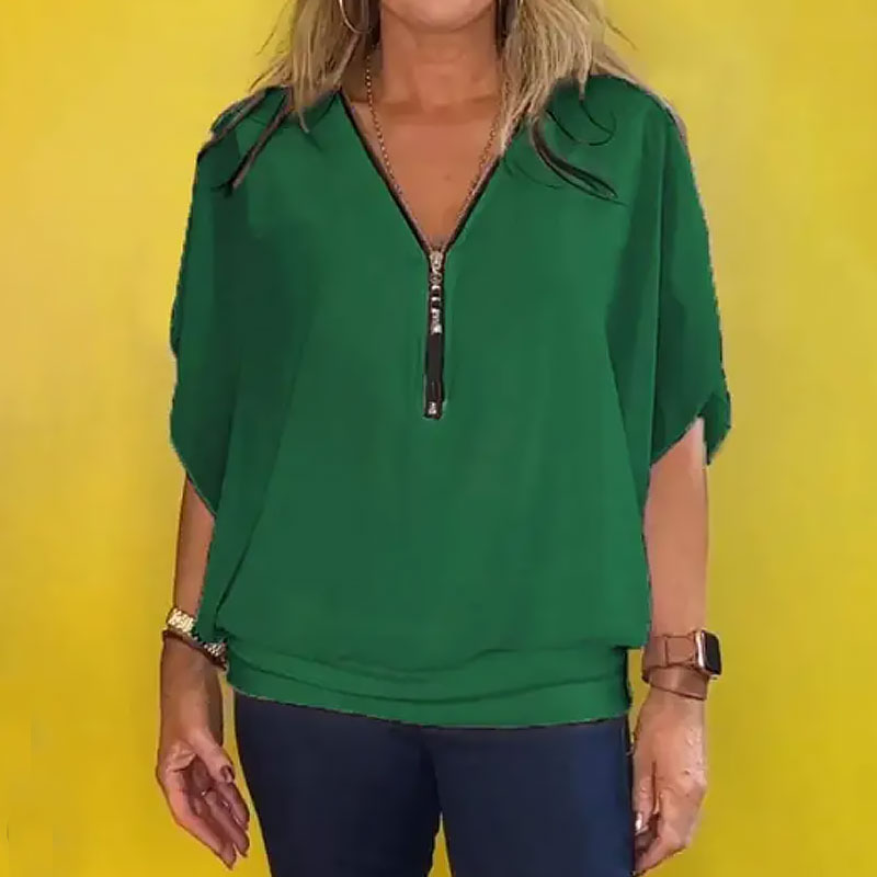 ☀️Damestop met casual chiffonkraag en ritssluiting