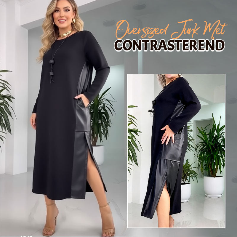 Oversized Jurk Met Contrasterend Leren Paneel