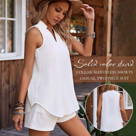 🍀Effen kleur opstaande kraag mouwloze shorts casual tweedelig pak