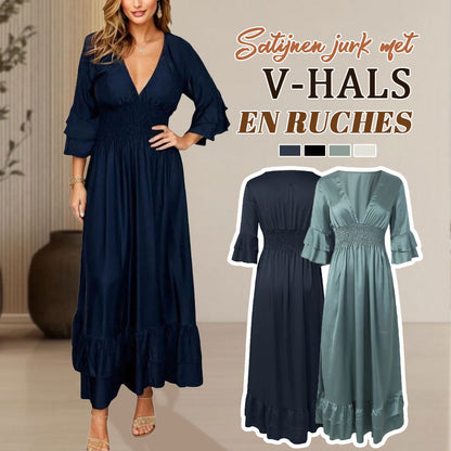 ✨Nieuwe artikelen 35% korting🎁Satijnen V-hals ruchejurk